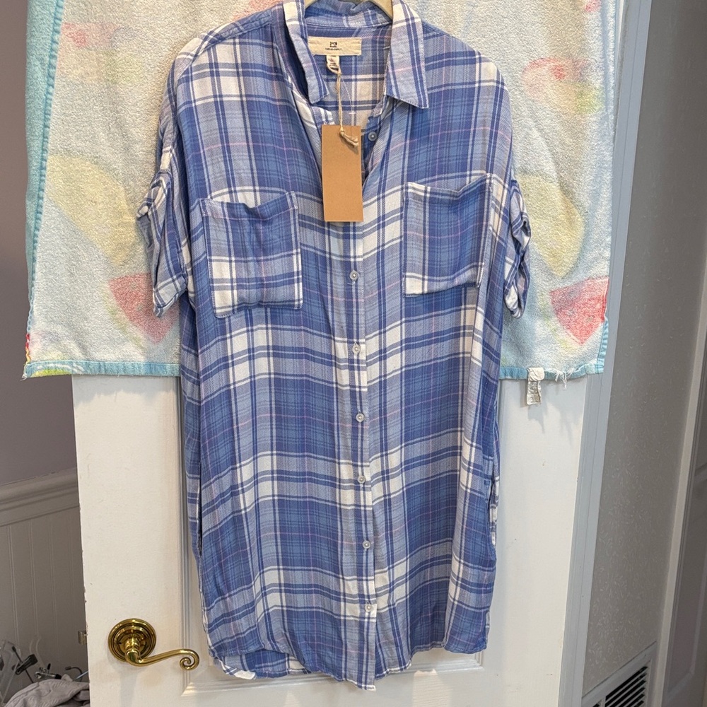 NWT Blue Plaid Button-Up Dress